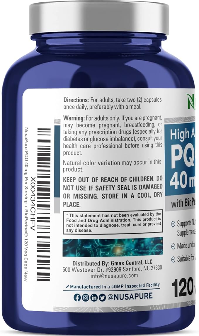 NusaPure PQQ Supplement 40 mg, 120 Veggie Capsules, Non-GMO, Pyrroloquinoline Quinone Disodium Salt, Bioperine & Vegan