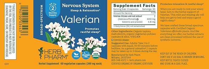 Herb Pharm Valerian Root Sleep Support Capsules: Certified Organic Sleep Aid for Adults Valeriana Extract for Relaxation, Non-Bitter, Melatonin Free, Vegan, ~30-60 Day Supply, 60 Capsules*