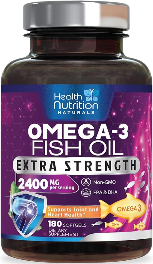 Omega 3 Fish Oil Supplements - 2400mg Fish Oil Per Serving - Triple Strength Omega-3 with EPA & DHA Fatty Acids - Natural Heart, Brain & Immune Support - Wild Caught, Bottled in USA - 180 Softgels