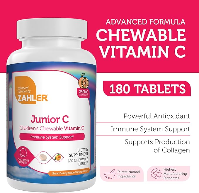 Zahler Junior C Advanced Chewable Vitamin C for Kids - Immune Support in Delicious Orange Flavor - Kosher Chewable Antioxidant - (180 Count)