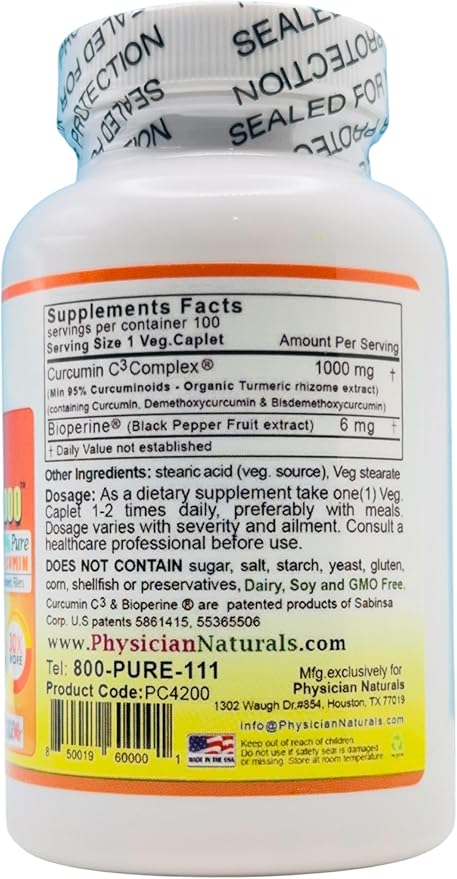 Super Curcumin C3 1000 with Bioperine® | 1000 mg High Absorption Curcumin | 95% Curcuminoids | Joint & Mobility Support | 100 Veg Caplets | Non-GMO, Gluten Free*
