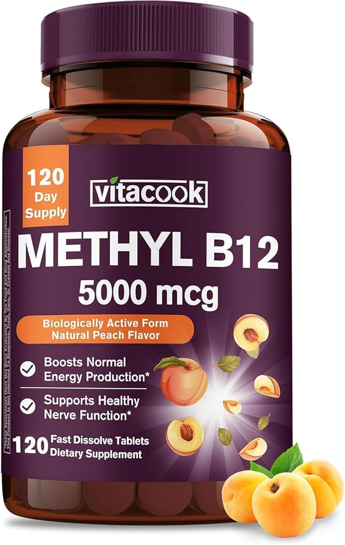 Vitamin B12 Sublingual, Methylcobalamin 5000mcg for Energy Production, Energy, Nerve & Cell Support, Natural Peach Flavor, Vegan, Zero Sugar, 120 Fast Dissolve Tablets