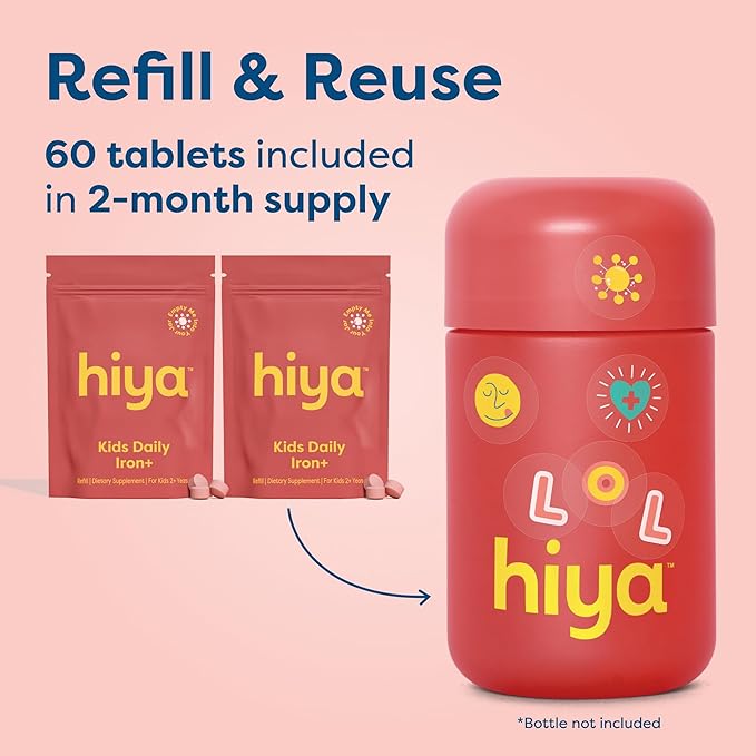 Hiya Iron+ Supplements for Kids - High Absorption Iron Supplement - Delicious Strawberry Flavor & Easy on Children's Stomach - No Added Sugar & Third Party Tested - 60 Day Refill Supply for Toddlers
