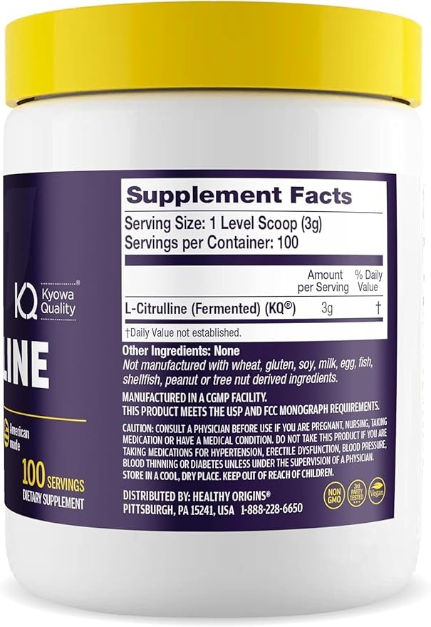 Healthy Origins L-Citrulline Powder 2,000 mg per Serving, 10.6 oz (300g) - American-Made USP Grade Amino Acid Supplement - Supports Nitric Oxide Production, Circulatory Health & Muscle Metabolism