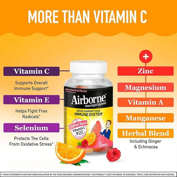 Airborne 750mg Vitamin C Immune Support Supplement Gummies for Adults, Assorted Fruit Flavor, Gluten Free Crafted Blend with Powerful Antioxidants Vitamins A C & E, 42 Gummies (4 Pack)