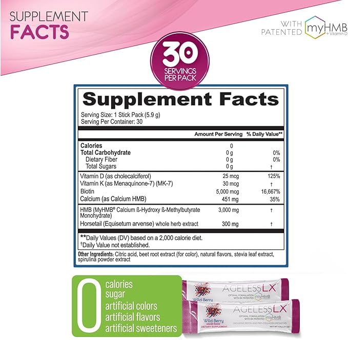 AgelessLX Powder Supplement for Women - with HMB Collagen Enhancer Plus Vitamin D3 with K2, Horsetail and Biotin for Lean Muscle and Stronger Hair and Nails - 30 Powder Packets, Wild Berry