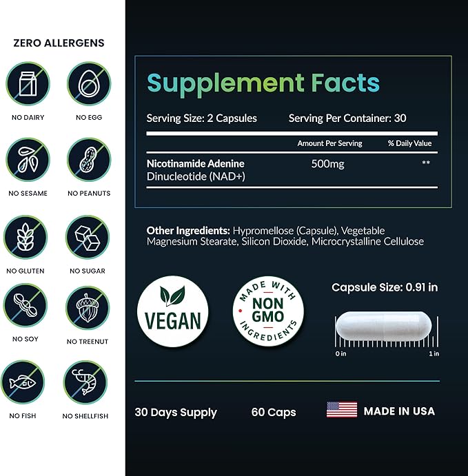 NAD+ Supplement - 500mg of Pure NAD Plus for Energy, Focus, Skin & Anti-Aging Support - Gluten Free Non-GMO NAD Supplements for Women & Men (60 Count, NAD +)