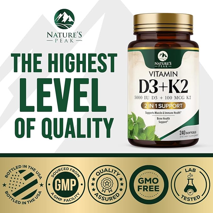 D3 K2 Vitamin - 5000 IU D3 Per Serving - High Potency Vitamin D3 Supplement - Advanced 2-in-1 Complex Vitamin D & Vitamin K2 (MK7) - Easy to Swallow, Bone & Immune Support - USA Bottled - 240 Softgels