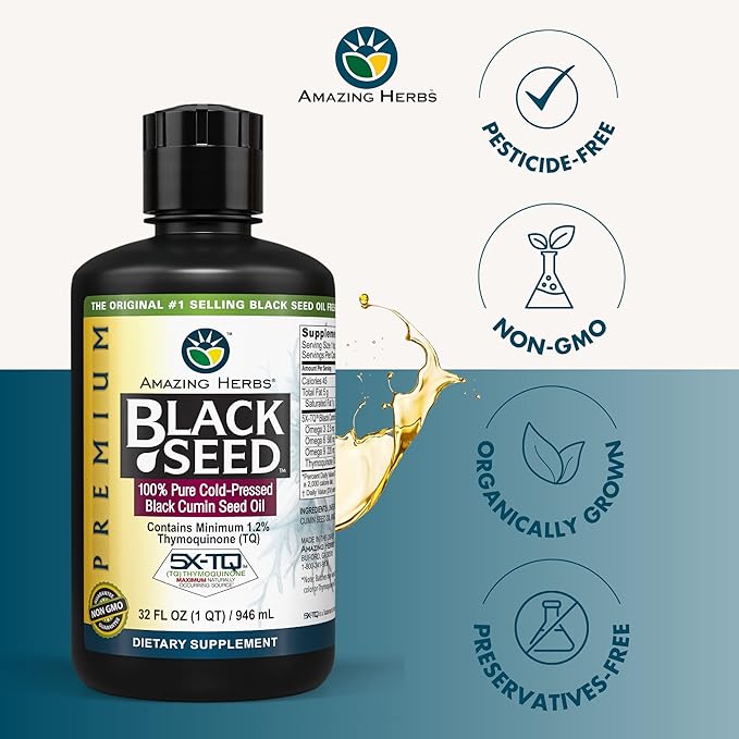 Amazing Herbs Premium Black Seed Oil - Cold Pressed Nigella Sativa Aids in Digestive Health, Immune Support, Brain Function, Joint Mobility, Gluten Free, Non GMO - 32 Fl Oz (Pack of 2)