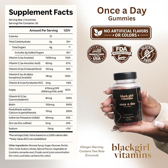 Black Girl Vitamins Once a Day - Womens Multivitamin Gummy - Vitamin A, B, C, E and Zinc. Multivitamin for Women, Immune Support. Vegan, Gluten-Free. Made in The USA (60 Day Supply, Strawberry)