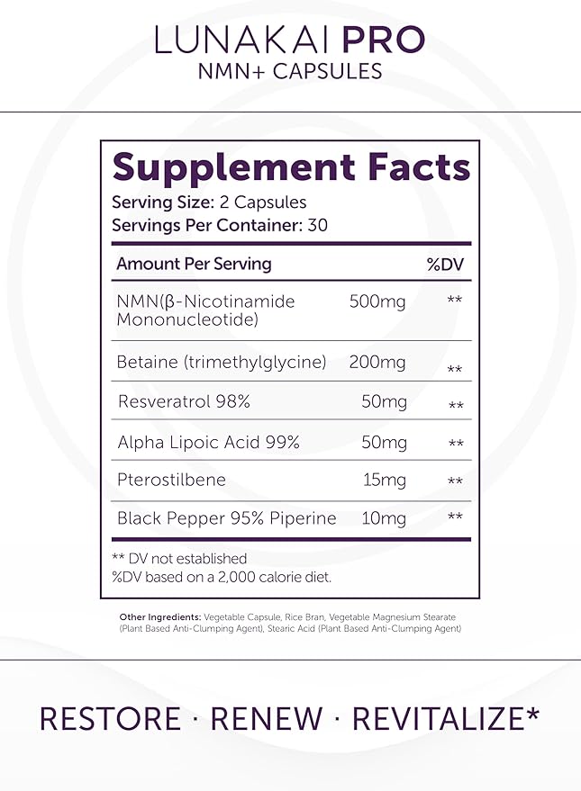 Lunakai USA Made NMN Supplement 500mg 6-in-1 with TMG & Resveratrol 98% - Daily NAD+ & Energy Support for Healthy Aging & Cellular Health, Nicotinamide Mononucleotide, 60 Capsules