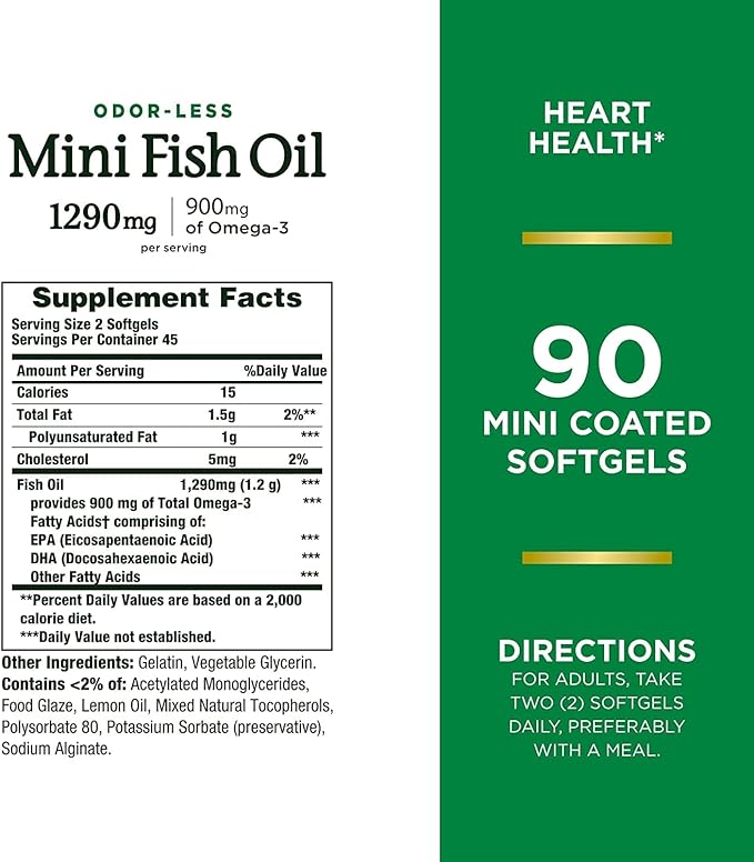 Nature's Bounty Mini Fish Oil Softgels 1290 mg, Omega-3, Supports Heart Health, Odor-Less, 90 Mini Coated Softgels - Pack of 2
