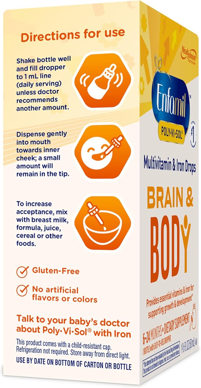 Enfamil Baby Vitamins Enfamil Poly-Vi-Sol 8 Multi-Vitamins & Iron Supplement Drops for Infants & Toddlers, Supports Growth & Development, 50 mL Dropper Bottle