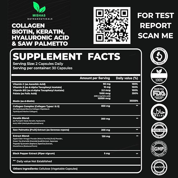 Multi Collagen Hair Pills - Biotin 10,000mcg, Keratin & Hyaluronic Acid - Hair Growth - Hair Skin & Nails Vitamins & DHT Blocker - Vitamin E Folic Acid Pumpkin Seed MSM, Saw Palmetto 60 Vegan Capsules