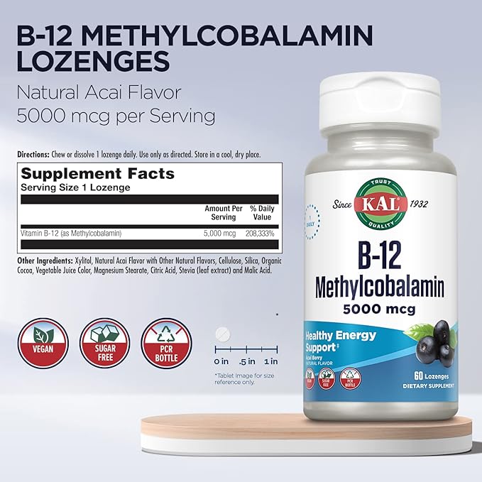 KAL Vitamin B-12 Methylcobalamin Lozenges 5000mcg, Healthy Energy, Metabolism, Nerve & Red Blood Cell Support,* Optimal Absorption, Natural Acai Flavor, Vegan, Sugar Free, 60 Servings, 60 Lozenges