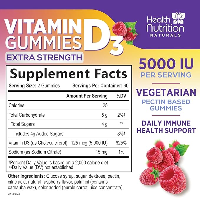 Vitamin D3 Gummies 125 mcg (5000 IU) Per Serving - 3X Strength Immune Support & Bone Support, Vitamin D Gummy Dietary Supplement, Nature's Berry D Vitamin Supplement, Raspberry Flavored - 120 Gummies