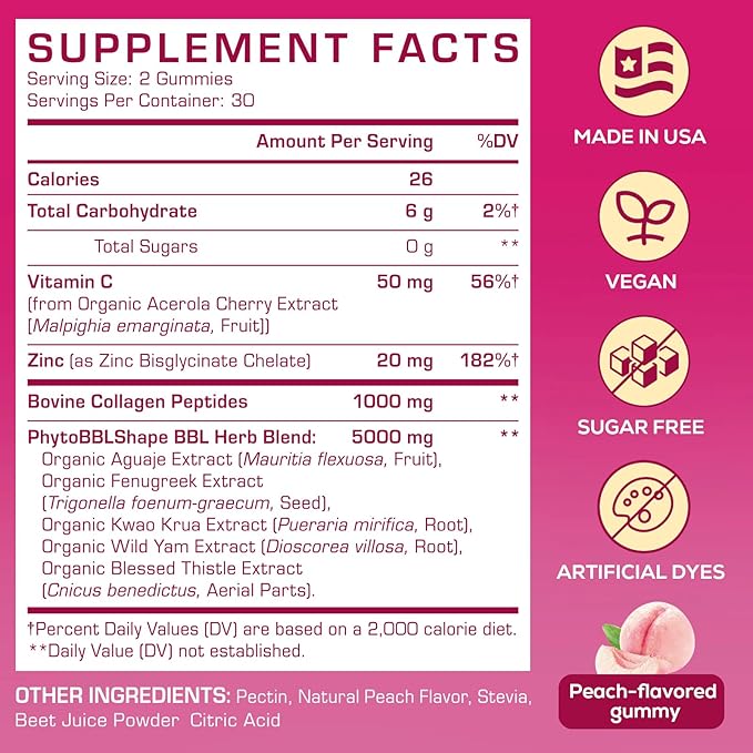 Booty Gummies for Women - BBL Gummies with Bovine Collagen Peptides - Herbal Blend with Aguaje, Fenugreek, Kwao Krua, Wild Yam, Blessed Thistle, Vitamin C & Zinc - Delicious Peach Flavor