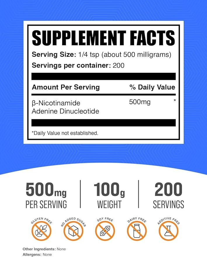 BulkSupplements.com NAD Powder - Nicotinamide Adenine Dinucleotide, NAD Supplement 500mg - for Energy Support, Pure & Gluten Free, 500mg per Serving, 100g (3.5 oz) (Pack of 1)