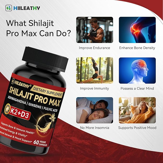2 Pack Shilajit for Men Women, Shilajit w/Vitamin D3 K2, Shilajits for Men w/Fulvic Acid Ashwagandha, Shilajits for Extra Power Stamina Immune Support, Non-GMO Made in US 60 Capsules