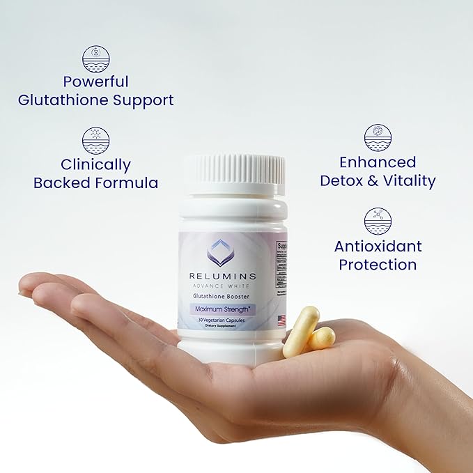 Relumins Advanced Glutathione Booster, Maximum Strength Antioxidant Supplement with Vitamins E, B2 & Selenium, Supports Balanced Wellness & Radiant Skin, 30 Vegetarian Capsules