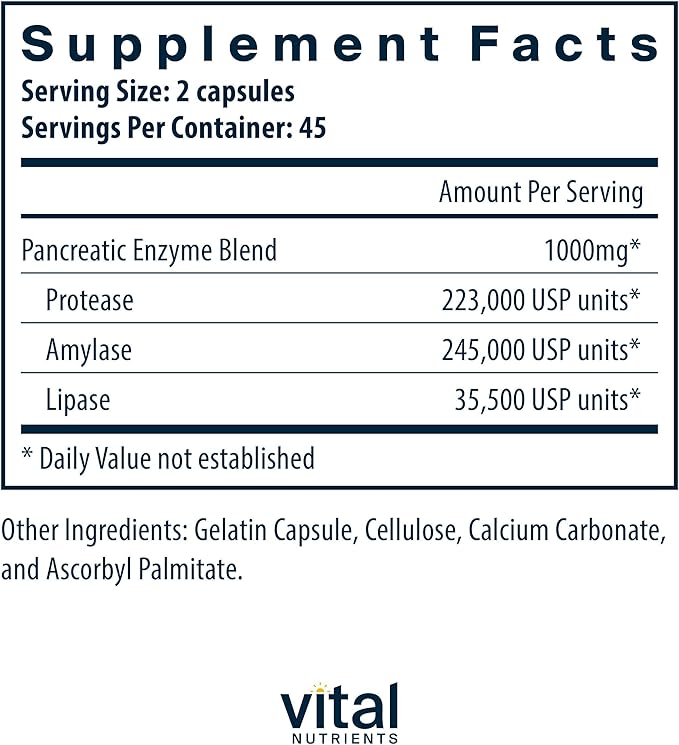 Vital Nutrients Pancreatic Enzymes 1000mg (Full Strength) - Pancreatin Digestion Supplement with Protease, Amylase & Lipase - Digestive Enzymes - Gluten, Dairy, and Soy Free - 90 Capsules
