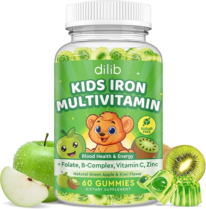 Iron Supplement Gummies for Kids, Kids Multivitamin with Iron Gummies - Zinc, Vitamin B Complex, A, C, D3, B12, Folate for Blood Builder & Energy Support, Vegan Sugar Free Green Apple & Kiwi 60ct
