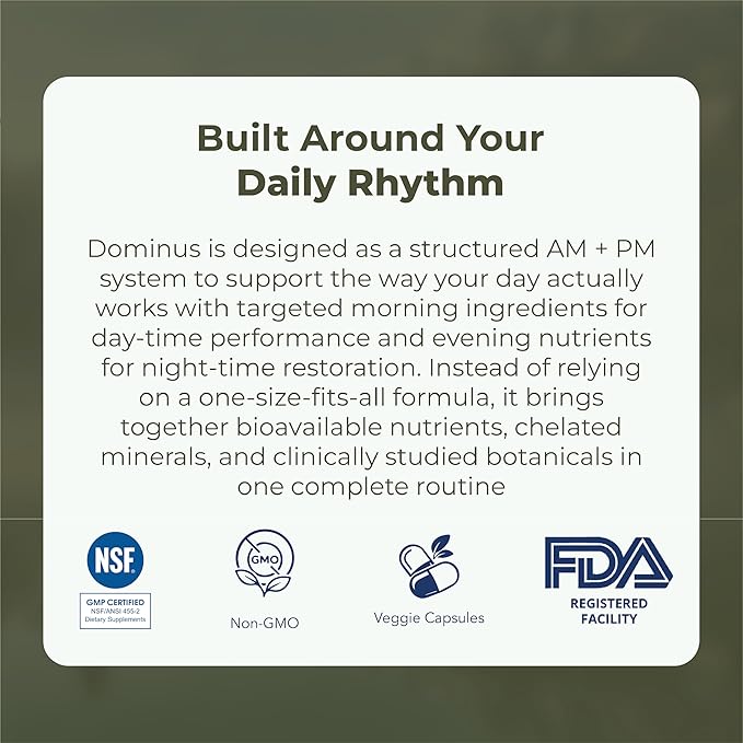 Dominus Multivitamins for Men | AM and PM Performance Formula with CoQ10, PQQ, KSM-66 Magnesium Zinc Bisglycinate | Nutritional Supplement for Energy Recovery and Sleep Support | 30 Day Supply
