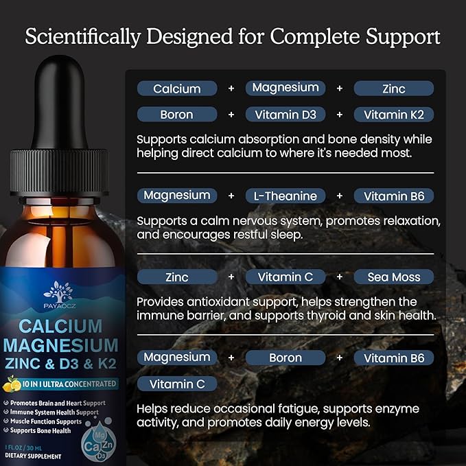 (4 Pack) 10 in 1 Calcium Magnesium Zinc Supplement, Magnesium Glycinate Complex Liquid Drops with Vitamin D3 K2 B6, Vegan Calcium Citrate Bone & Immune Health Support, Sleep & Cramps, Boron, 1 Fl Oz