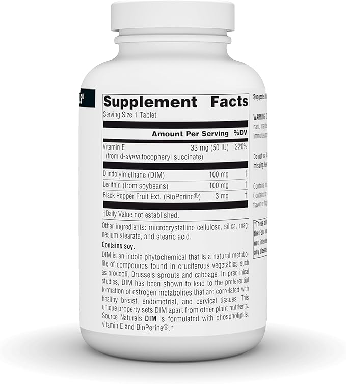 Source Naturals DIM, Diindolylmethane 100mg with BioPerine, Vitamin E & More - 180 Tablets