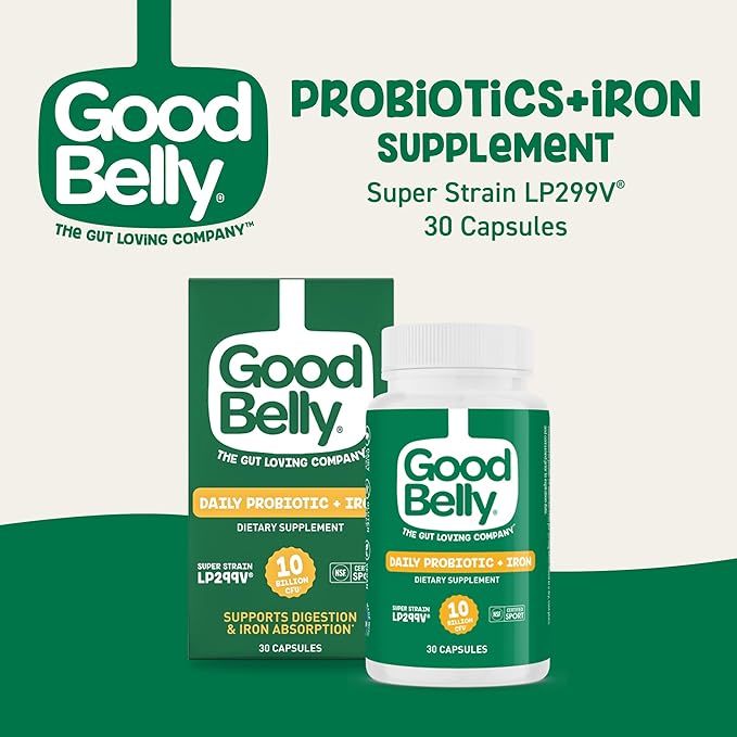GoodBelly Probiotic Capsules for Digestive Health & Iron Absorption | Vegan Probiotic Supplement with 10 Billion Live Cultures | Probiotics for Women & Men | 30 Capsules