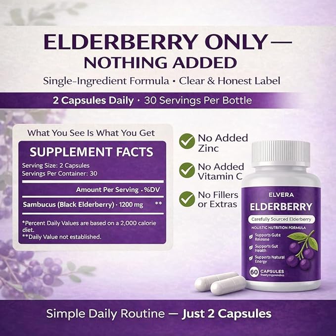 Elderberry - EIvera Gut Support Complex, Organic Black Elderberry Capsules, with Zinc & Vitamin C for Digestive Balance, Immune Support (1)