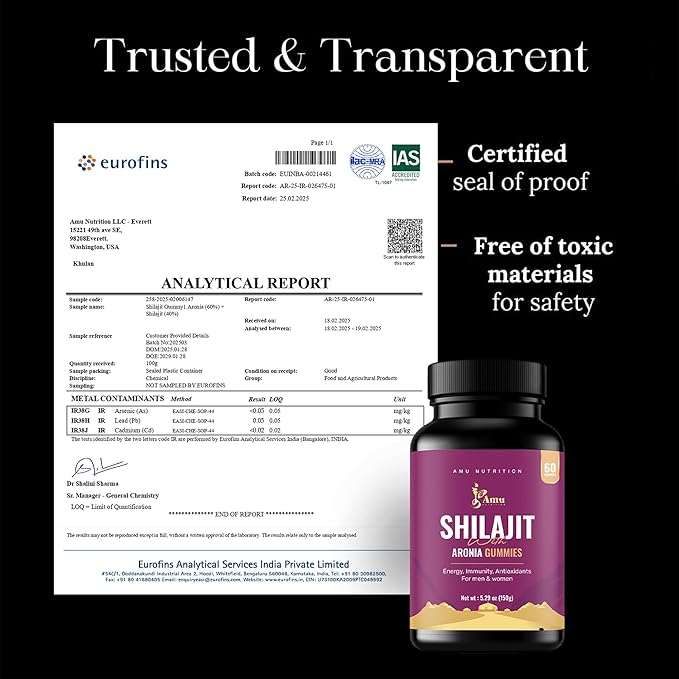 AMU NUTRITION Shilajit Gummies for Men & Women with Aronia Berries Fulvic Acid & 85+ Trace Minerals I Men,Women I Non-GMO I Lab Tested I 100% Natural I 60 Gummy (60 Count (Pack of 1), Aronia Berries)