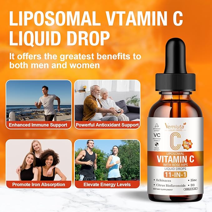 2 Packs Liposomal Vitamin C 2000mg Liquid Drop, High Absorption VC Complex Rose Hips with Echinacea, Citrus Bioflavonoids, Zinc, Vitamin D3 for Immune System & Antioxidant,4 FL Oz