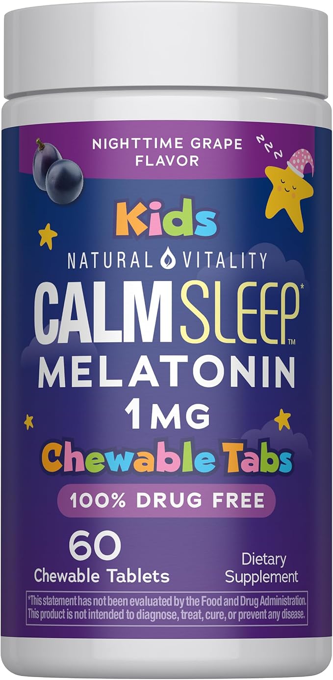 Natural Vitality Kids Calm Sleep Melatonin | 1mg Chewable Tablets | 100% Drug Free | Nighttime Grape Flavored Supplement | 60 Count