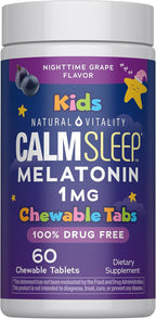 Natural Vitality Kids Calm Sleep Melatonin | 1mg Chewable Tablets | 100% Drug Free | Nighttime Grape Flavored Supplement | 60 Count