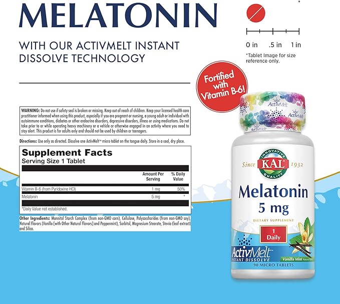 KAL Melatonin 5mg Sleep Aid, Melatonin Supplement Supports Calming Relaxation and a Healthy Sleep Cycle, Fast Dissolving ActivMelts, Natural Vanilla Mint Flavor, Vegetarian, 90 Serv, 90 Micro Tablets