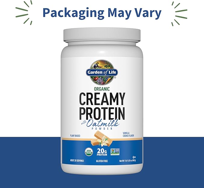 Garden of Life Creamy Plant Protein + Oat Milk Powder + Vanilla Flavor Vegan Protein Powder – Plant Based, Prebiotics & Probiotics, Gluten-Free, Non-GMO, Vanilla Cookie Flavor, 2 LBS