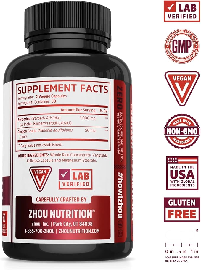 Zhou Berberine with Oregon Grape - Berberine Supplement for Women & Men, Gut Health, Metabolic Function, Berberine 1000mg Per Capsule - 60 Vegetarian Capsules (Pack of 1)