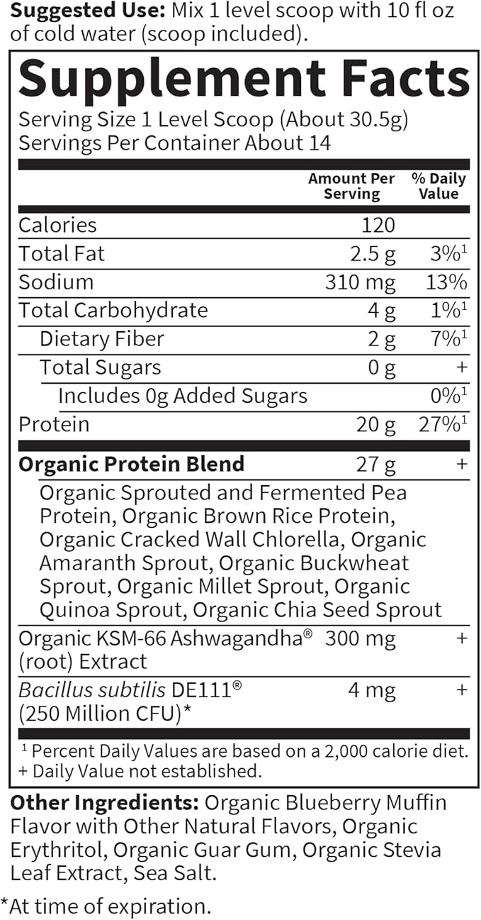 Garden of Life - Functional Protein Stress Relief - 20g Organic Sprouted & Fermented Protein Blend - Blueberry Muffin, Mood Blend for Stress Management, Ashwagandha KSM-66, Vegan - About 14 Servings