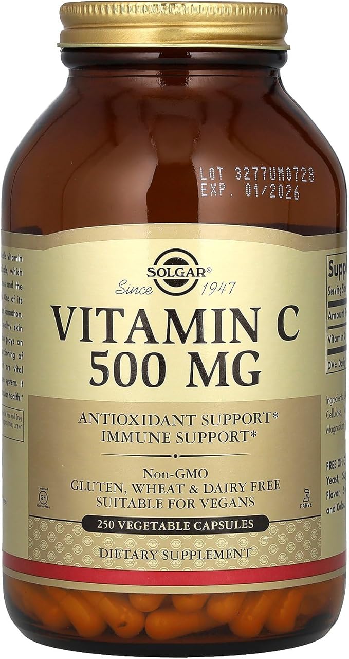 Solgar Vitamin C 500 mg, 250 Vegetable Capsules - Antioxidant & Immune Support - Overall Health - Supports Healthy Skin & Joints - Non-GMO, Vegan, Gluten Free, Kosher - 250 Servings