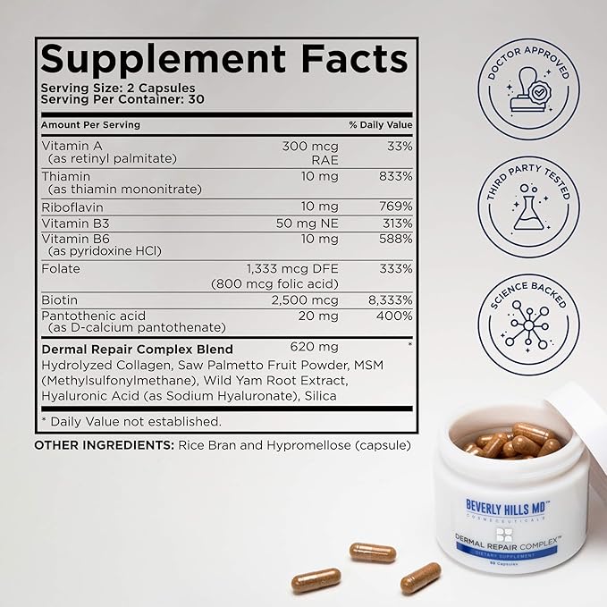 Beverly Hills MD Dermal Repair Anti-Aging Supplement - Hyaluronic Acid, Collagen, Vitamins for Smooth, Plump Skin