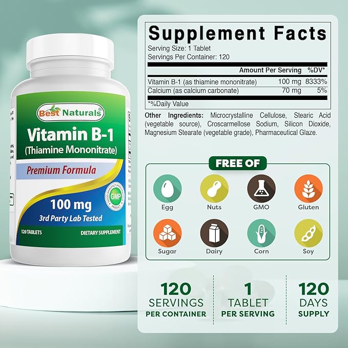 Best Naturals Vitamin B1 as Thiamine Mononitrate 100 mg 120 Tablets (120 Count (Pack of 1))