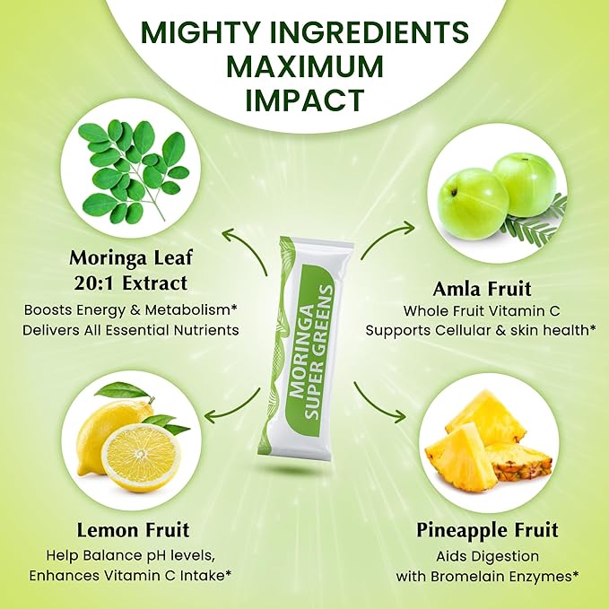 Organic Veda Moringa Super Greens, 30 Sticks Drink Mix Powder - 20 X Concentrated Moringa Leaf Powder Extract with Amla, Pineapple, Antioxidant Superfoods for Energy & Metabolism - Tea & Smoothie Mix