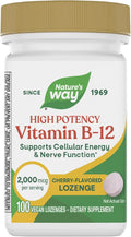 Nature’s Way Vitamin B-12 Lozenges, 2,000 mcg Vitamin B12 per Lozenge, Supports Cellular Energy & Nerve Function*, No Gluten, Vegan, Cherry Flavored, 100 Count (Packaging May Vary)