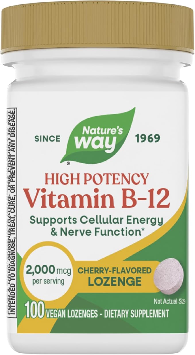 Nature’s Way Vitamin B-12 Lozenges, 2,000 mcg Vitamin B12 per Lozenge, Supports Cellular Energy & Nerve Function*, No Gluten, Vegan, Cherry Flavored, 100 Count (Packaging May Vary)