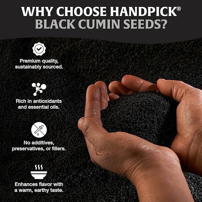 HANDPICK Black Cumin Seed (14oz) Pure Nigella Seeds - No Salt or Preservatives, Non GMO | Indian Black Whole Cumin | Gluten Free, Aromatic & Farm Fresh Kalonji | Resealable Zip Lock Pouch