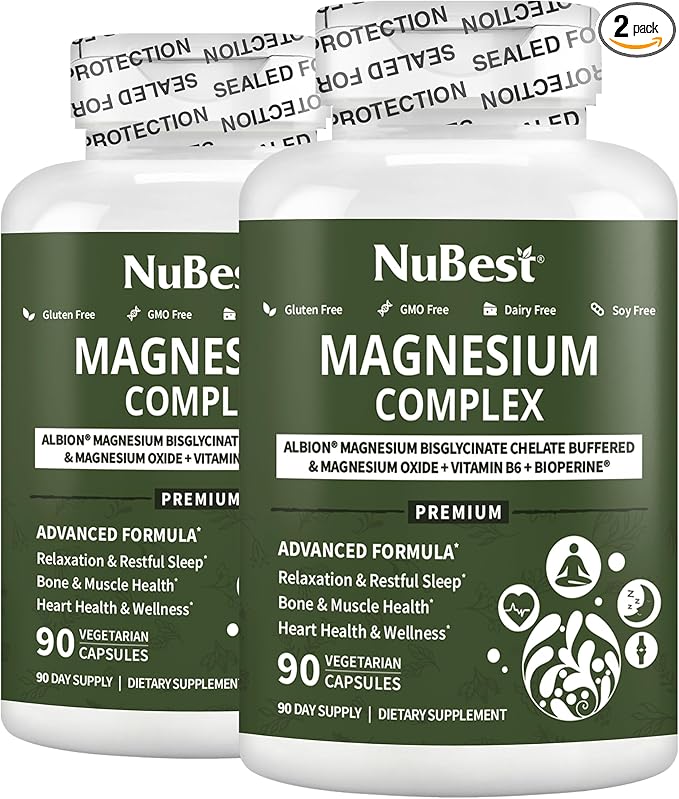 Magnesium Glycinate Chelate Complex with Albion Magnesium Bisglycinate Chelate, Vitamin B6 & BioPerine for Bone, Muscle, Natural Sleep, Nerve Function, Brain Booster | Pack 2