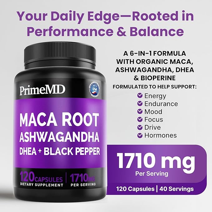 6-in-1 Organic Maca Root Ashwagandha Capsules 1710mg with DHEA and Black Pepper Fruit Extract for Women and Men - Black Maca Supplement for Stamina, Bone and Mood Support Supplement, 120ct (Pack of 3)