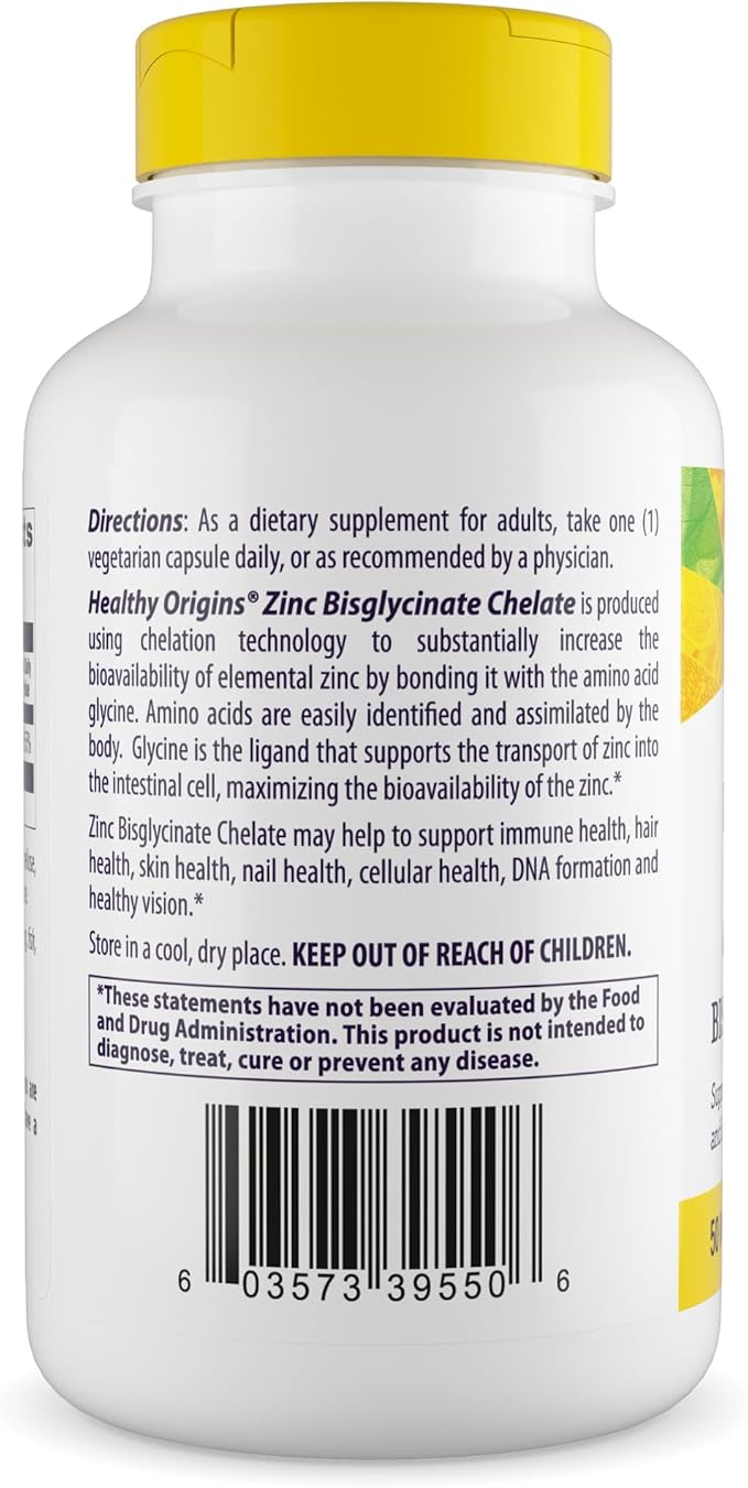 Healthy Origins Zinc Bisglycinate Chelate 50 mg, 120 Veggie Capsules - Featuring Albion Minerals TRAACS High Bioavailability Complex, Supports Immune & Metabolic Health & Skin Cellular Support