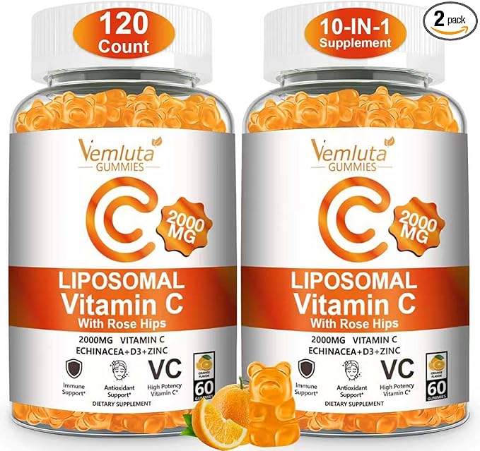 2 Pack Liposomal Vitamin C 2000mg Gummies Complex Rose Hips with D3 5000IU,Elderberry Echinacea,Iron & Zinc for Adults Kids Immune,Antioxidant & Collagen Support,Orange Flavor, 120Count